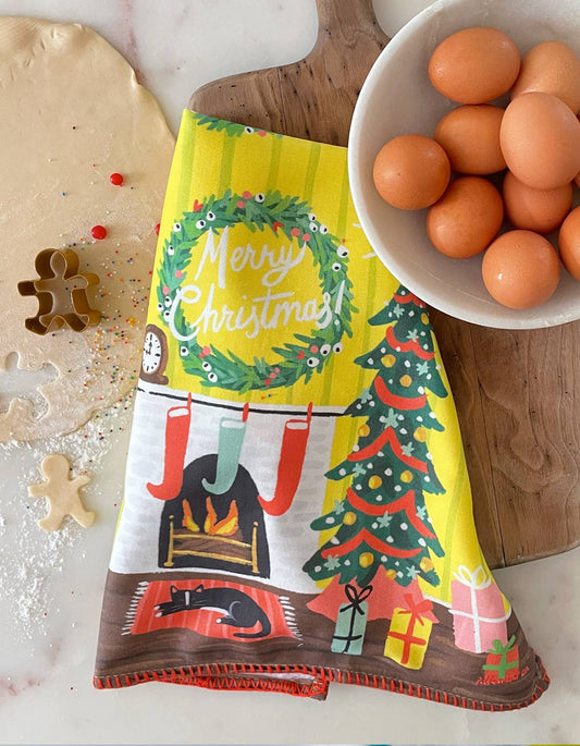 Holiday Tea Towel w/ Embroidered Detail | Festive Fireplace