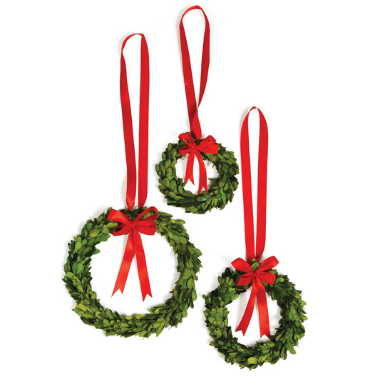 BOXWOOD WREATHS WITH RED RIBBONS, SET OF 3