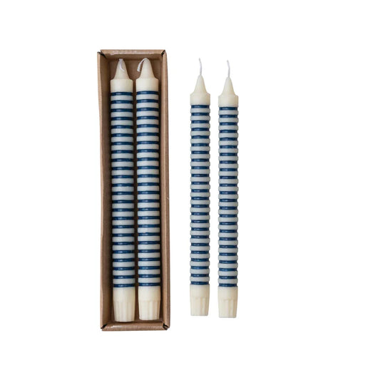S/2 Striped Tapered Candle in Box, Blue