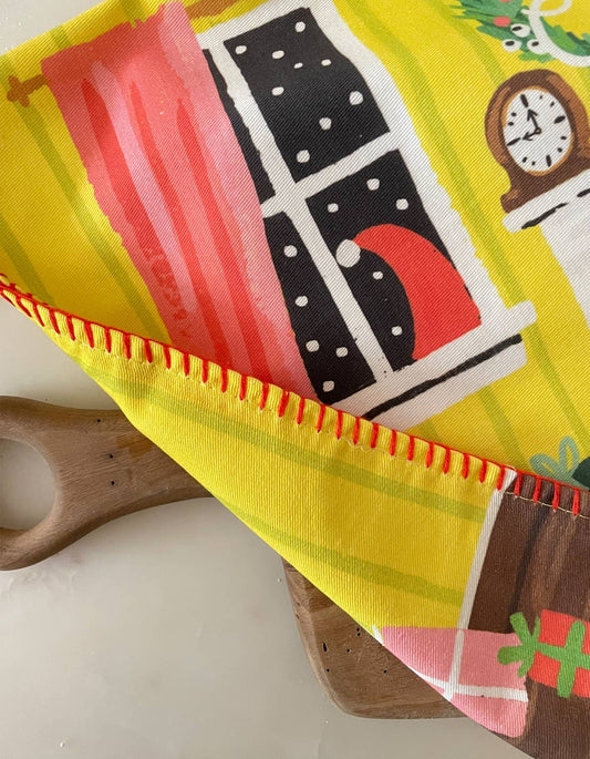 Holiday Tea Towel w/ Embroidered Detail | Festive Fireplace